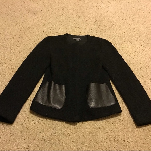 Vince Jackets & Blazers - VINCE BLACK LAINE WOOL BLEND LEATHER TRIM POCKETS JACKET BLAZER EUC BLACK ZIP 6